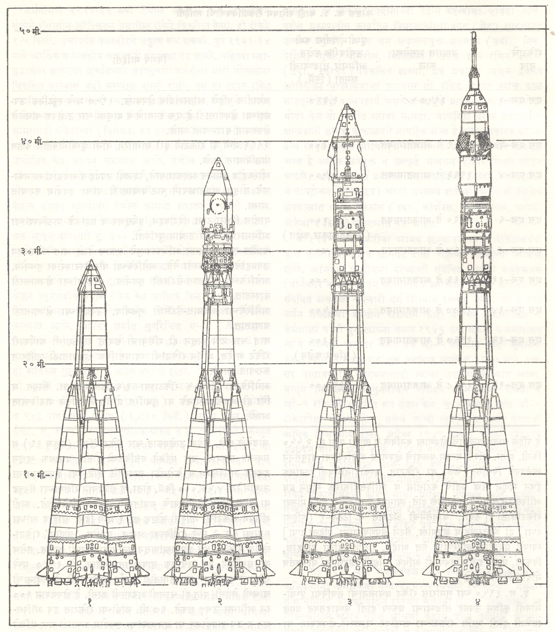 आ. ३. (१) काही रशियन रॉकेटांच्या रुपरेखा (डाव्या बाजूचे आकडे रॉकेटांची उंची मीटरमध्ये दर्शवितात) : (१) एस एल−१ (एक टप्प्याचे रॉकेट), (२) एस एल−३ (व्होस्टोक अवकाशयानासह), (३) एस एल−४ (व्होस्कहोड अवकाशयानासह), (४) एस एल−४ (सोयूझ अवकाशयानासह).
