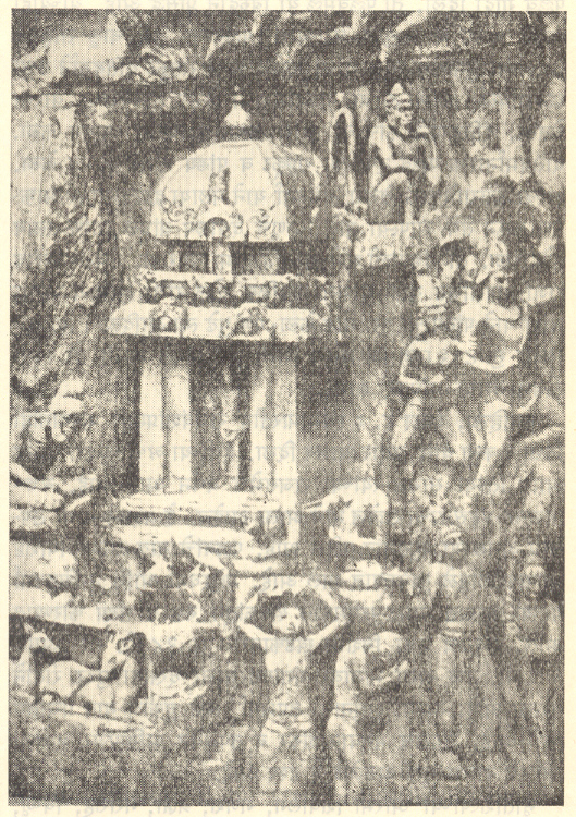  तप करणारा अर्जुन व त्याचा परिवार, महाबलीपुर येथील शिल्पांकन, इ.स. ७ वे शतक.