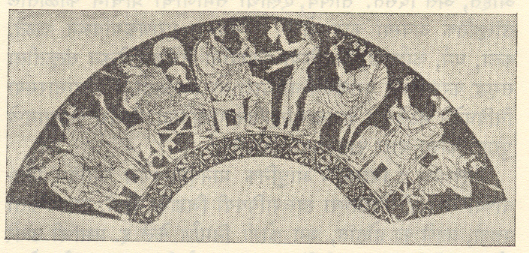 एक ग्रीक चषकचित्र : ऑलिंपसवरील देवतासमूह-डावीकडून अनुक्रमे दुसरा डायोनायसस, अथीना , झ्यूस,अमृत ओतणारा गॅनिमीडीस, हेस्टिला व ॲफ्रोडाइटी, इ.स.पू.सु. ५१५.