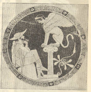 ईडिपस व भविष्य वर्तवणारा स्फिंक्स : ग्रीक चषकचित्र, इ.स.पू. ५ वे शतक 