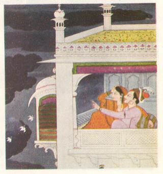 आषाढमेघ न्याहाळणारे प्रेमिक अंशदृश्य, कांग्रा शैली, सु. १७८०..