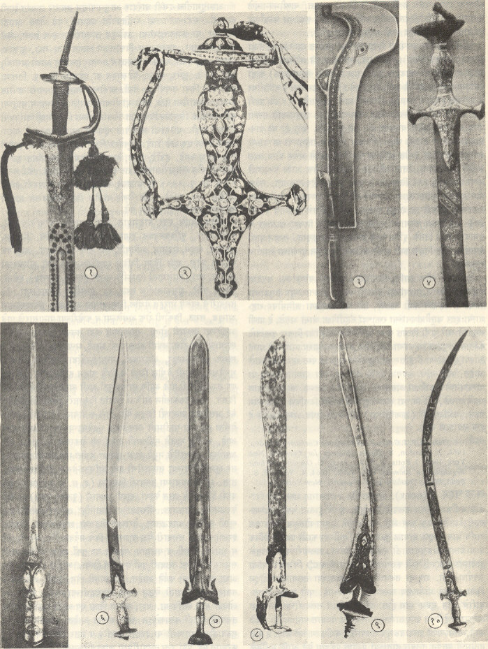 (१) हिंदू कटोरी किंवा लवंगी ठोला असलेली मूठ, (२) जडावकाम केलेली हिंदू-मुस्लिम मिश्र घाटाची मूठ, (३) मंडलाग्र व योनी चिन्हांकित नायर तलवार, (४) मुस्लिम शैलीची मूठ, (५) खोपडी मूठ असलेला पट्टा, (६) सोसून पट्टा, (७) हिंदू पद्धतीचा खंडा, (८) हिंदू कटोरी मुठीचा औरंगजेबाचा खंडा, (९) हिंदू मुठीची द. भारतीय (कुकरी/खुरपी) तलवार, (१०) इराणी मुठीची तलवार.