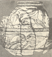 रांजणावरील चित्रण-काळवीट, मानव व चित्ते, इ. स. पू. सु. १६००, दायमाबाद.