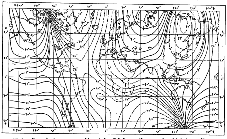 आ. १. समदिक्‌पात रेषा (इ. स. १९६५ साठी) : अखंड रेषा पूर्वेकडे दर्शवितात व तुटक रेषा पश्चिमेकडे दिक्‌पात दर्शवितात