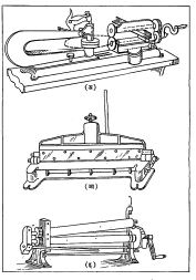 आ. २. धातुपत्राकामाची काही हातयंत्रे : (अ) वर्तुळी कातरयंत्र (आं) घडी यंत्र (इ) लाटण यंत्र.