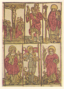 ख्रिस्तवध व चौदा संत : अज्ञात स्वॅबियन (जर्मन) कलाकाराचा रंगीत लाकडी ठसा, इ.स.सु. १५००.