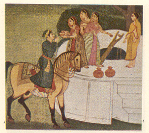 विहिरीवर पाणी पिणाऱ्या राजपुत्राचे चित्र (अंशदृश्य), अठराव्या शतकाचा पूर्वार्ध. 