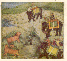सिंहाची शिकार करणारा शाहजहान (अंशदृश्य), ‘शाहजहान-नामा’ या ग्रंथातील चित्रसजावट १६५७.