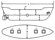 आ. ६. जहाजाची लांबी, रुंदी, पाण्याच्या पातळीपासून (डूबरेषेपासून) गच्चीची उंची व डूब दाखविण्याची पद्धत : (१) डूबरेषा, (२) डूब, (३) डूबरेषेपासून मोकळ्या गच्चीची उंची, (४) गच्ची, (५) लांबी, (६) एकूण उंची, (७) रुंदी, (८) गच्चीवरील कोठाराची तोंडे.