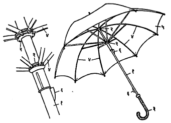 छत्री : (१) दांडा, (२) पंचपात्र, (३) मूठ, (४) काड्या, (५) कापड, (६) अटकाव.