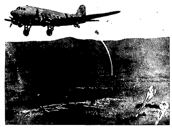 ‘डकोटा’ विमानातून सैनिक उड्या घेत असल्याचे दृश्य 