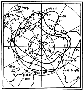 आ. १ दक्षिण गोलार्धातील क्राइस्टचर्च येथून ३० मार्च १९६६ रोजी हवेत सोडलेल्या १२ किमी. उंचीवर सतत तरंगणाऱ्या रबरी फुग्याच्या ३३ दिवसांचा मार्ग (तुटक रेषा - निरीक्षणे नसलेला मार्ग).