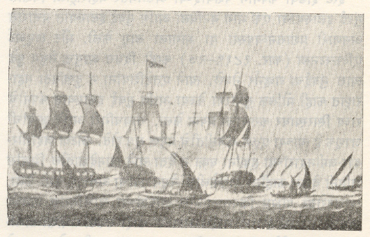  ईस्ट इंडिया कंपनीच्या जहाजांवर मराठ्यांची गुराबे हल्ला करतानाचे दृश्य