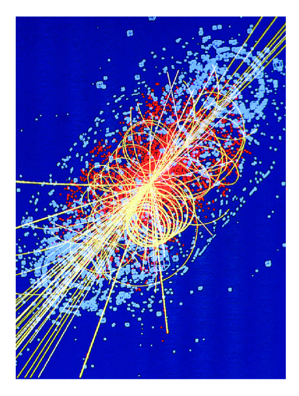 प्रोटॉनांच्या टकरींत चार म्यूऑन तयार होऊन सीएमएस अभिज्ञातकामध्ये दिसणारे दृश्य