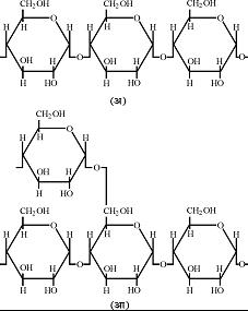 आ. १. स्टार्चमध्ये समाविष्ट असलेल्या संरचना : ( अ ) रैखिक शृंखलाअसलेला आल्फा-१,४ ग्लुकान, ( आ ) आल्फा-१,६ शाखाबिंदू.