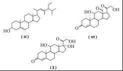 स्टेरॉले व स्टेरॉइडांच्या संरचना : ( अ ) स्टिग्मास्टेरॉल, ( आ )ॲल्डोस्टेरॉन, ( इ ) कॉर्टिसोल.