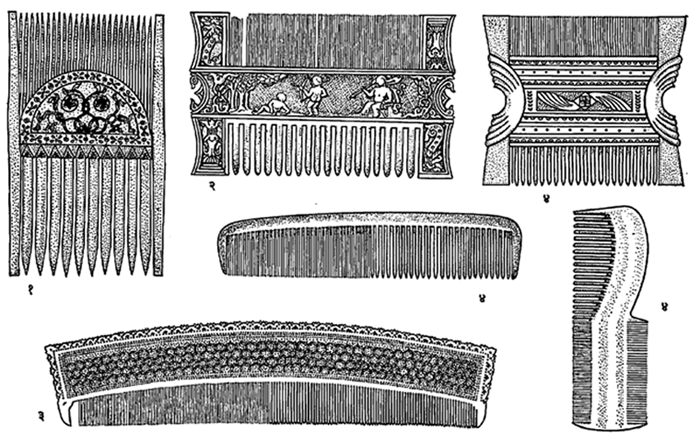 कंगवे व फण्या : (१)इ. स. पू. १३०० मधील लाकडी ईजिप्शियन फणी, (२) दहाव्या शतकातील सोने व काच यांनी मढविलेली हस्तिदंती कॅरोलिंजियन कालीन फणी, (३) एकोणिसाव्या शतकातील दिल्ली येथे तयार झालेला हस्तिदंती नक्षीकाम असलेला कंगवा, (४) प्रचलित कंगवे व फण्या. 