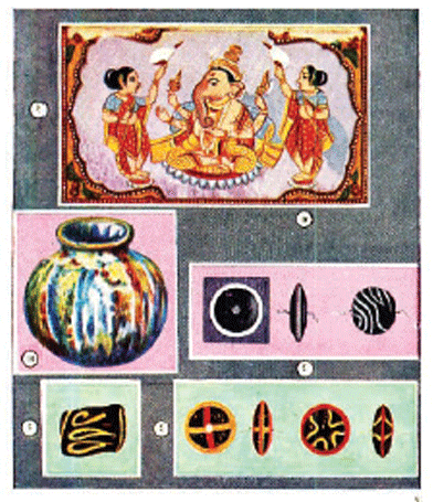 (अ) श्रीगणेश भारतीय काचचित्रणाचा नमुना,१८ वे शतक. (आ) अनेकरंगी भारतीय काचपात्र,४ वे शतक. (इ) मध्ययुगीन भारतातील विविधाकार काचमणी.
