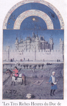 'Les Tres Riches Heures du Duc de Berry' ह्या ग्रंथातील 'ऑक्टोबर' सजावट (१४१३—१६) — लिम्बर्ख बंधू.