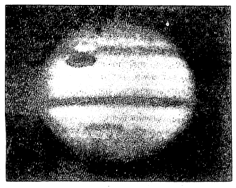गुरूवरील तांबडा डाग व गॉनिमीड उपग्रह आणि त्याची गुरूच्या बिंबावर पडलेली छाया.