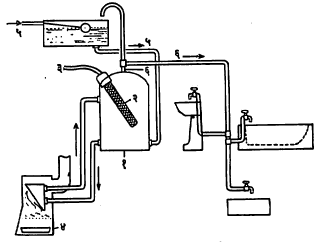 आ. ७. पाणी तापविण्याची जोड पद्धत : (१) विद्युत् शक्तीने पाणी तापविणारा बंब, (२) विद्युत‌् तापक घटक, (३) विद्युत् शक्ती, (४) कोकच्या उष्णतेने पाणी तापविणारी भट्टी, (५) थंड पाण्याचा नळ, (६) गरम पाण्याचा नळ.