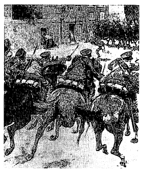 गुडघ्याला गुडघा लावून केलेला घोडदळाचा हल्ला, पहिले महायुद्ध, १९१४. 