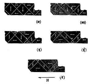 आ. १४ लोखंडाच्या तारेच्या चुंबकीकरणात होणारे लघुक्षेत्र रचनेतील फरक : (अ) प्रारंभीची स्थिती, (आ, इ, ई) मध्यंतरीची स्थिती, (उ) अंतिम स्थिती.